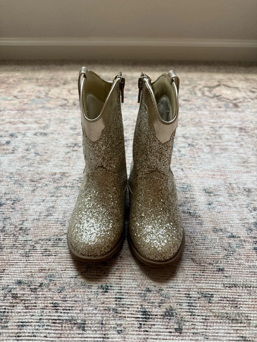 Cat & Jack Gold Glitter Heart Cowboy Boots with Pink Accents